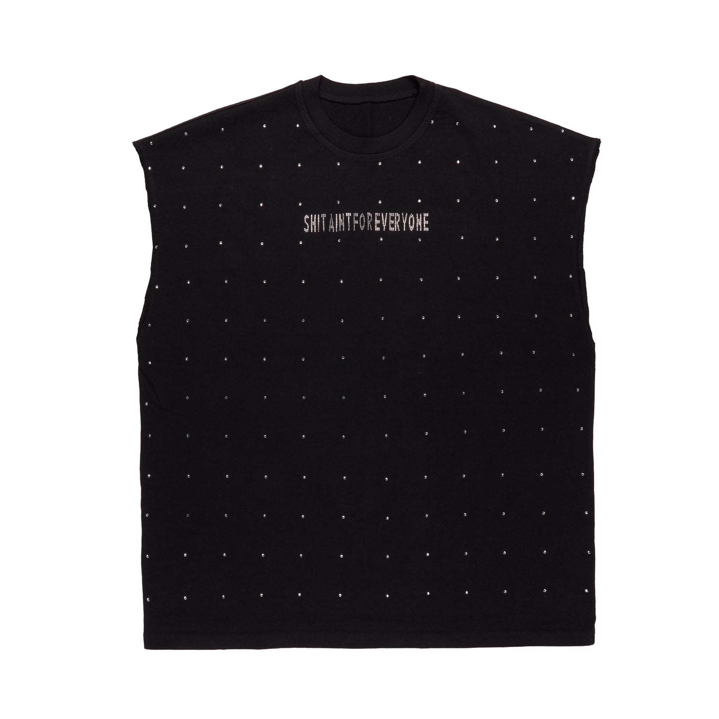 Rhinestone Slogan Tall Cut Off Sleeve Tee (Black)