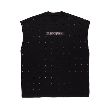 Rhinestone Slogan Tall Cut Off Sleeve Tee (Black)