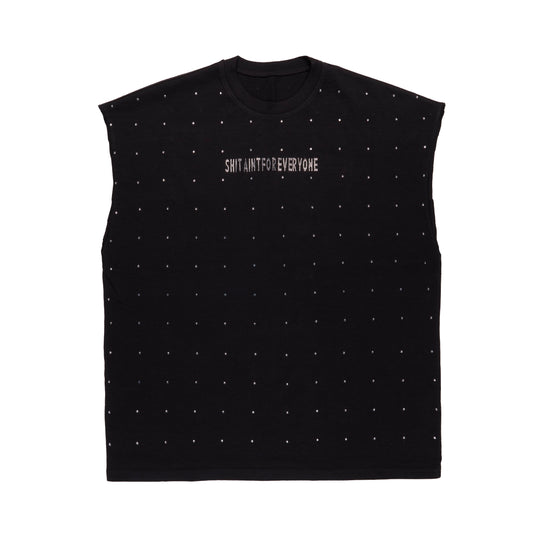 Rhinestone Slogan Tall Cut Off Sleeve Tee (Black)