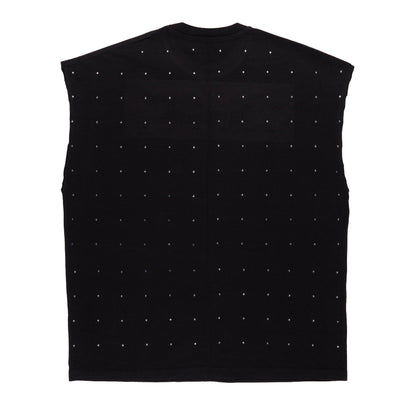 Rhinestone Slogan Tall Cut Off Sleeve Tee (Black)