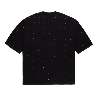 Rhinestone Slogan Tall Cut Off Sleeve Tee (Black)