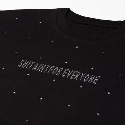 Rhinestone Slogan Tall Cut Off Sleeve Tee (Black)